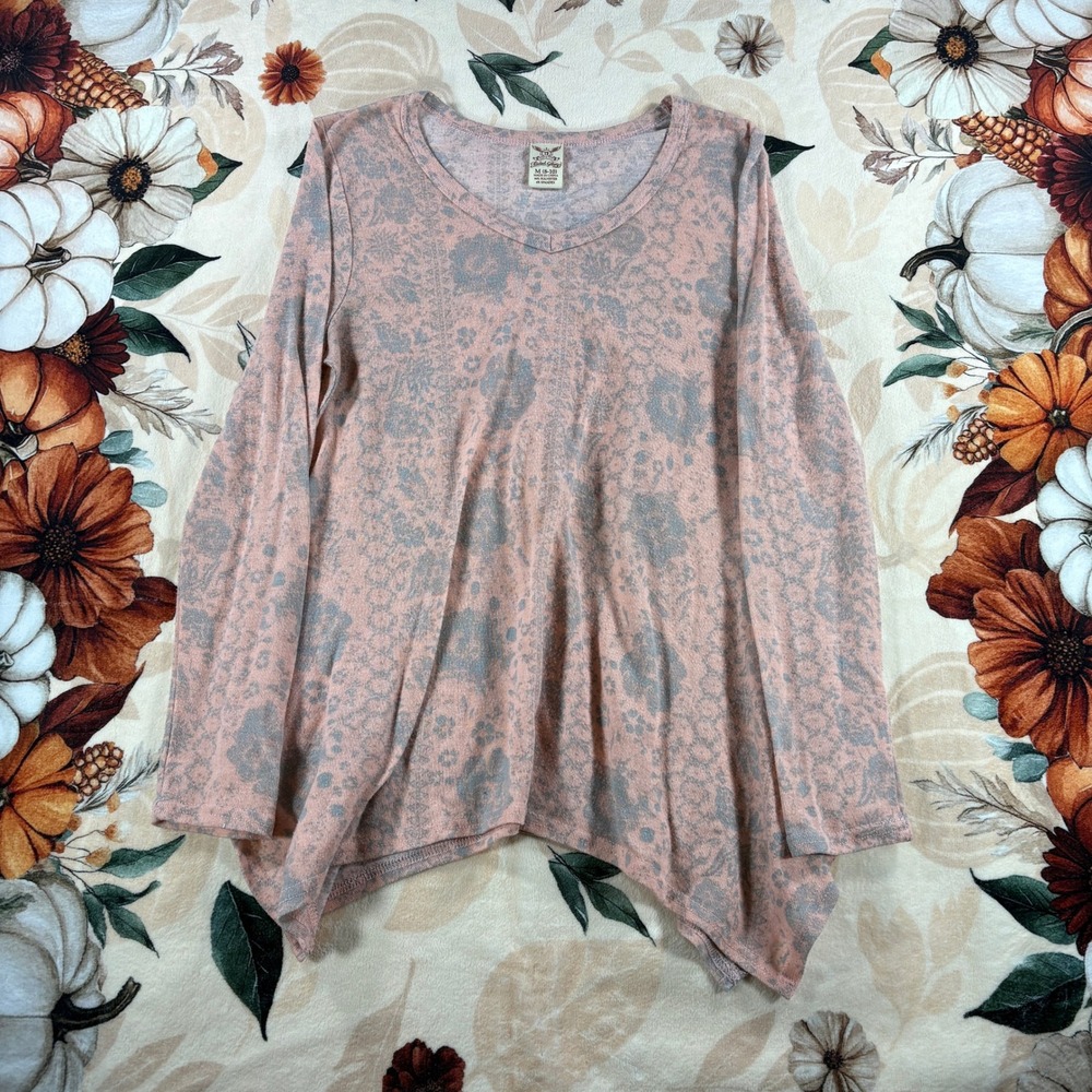 Faded Glory Floral Print Long Sleeve Handkerchief Hem Top Womens Peach Size M